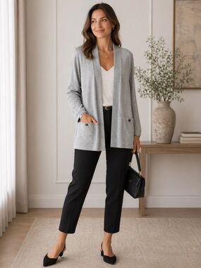 Anne Klein Gray Metallic Cotton Cashmere Open Front Cardigan M